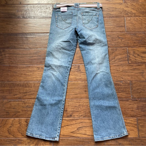 Y2K XOXO low rise bootcut blue jeans w/adorable pink white & tan belt size 5/6 - Picture 10 of 12
